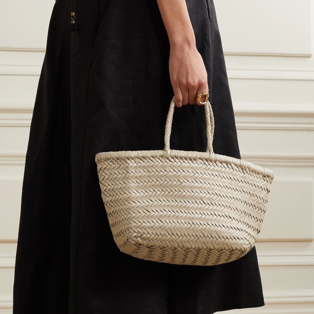NWT Dragon Diffusion Bamboo Triple Jump Woven Leather Small Tote Bag in Pearl
